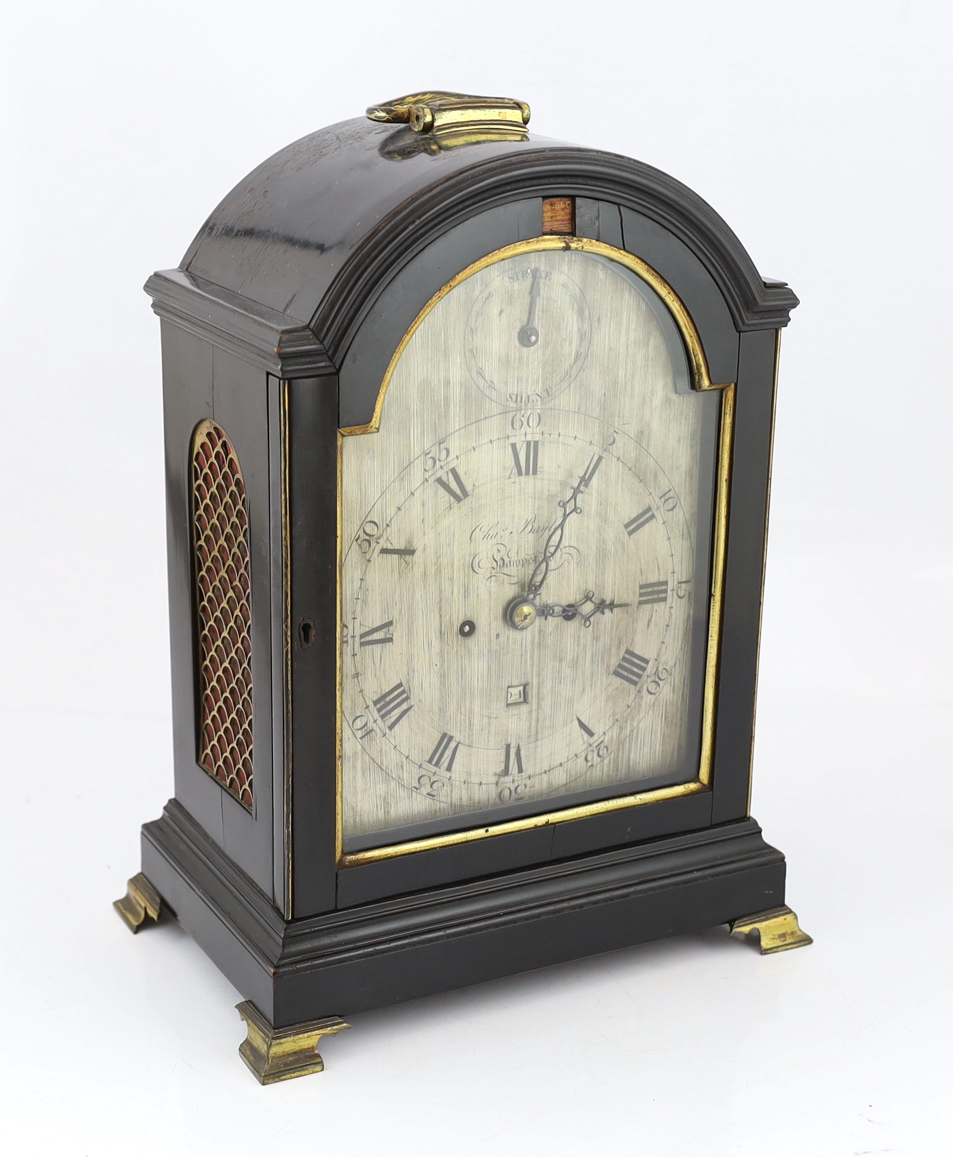 Charles Bayles of Hampstead, a George III ebonised eight day repeating bracket clock, 32cm wide, 20cm deep, 43cm high